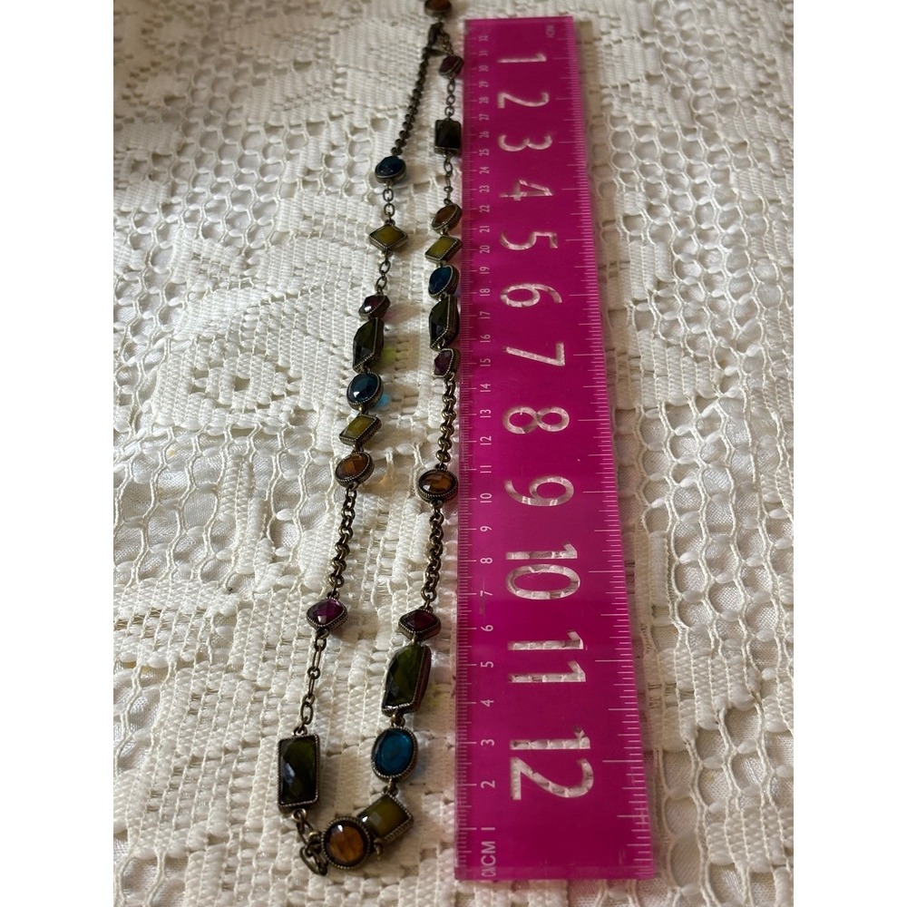 Avon N Ricci Multi Color Faux Gemstone Station Necklace Antique Brass Tone Long - Picture 7 of 9